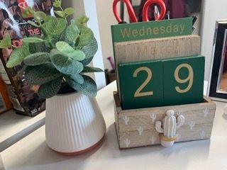 The plant pot holds my hand sanitizer! The desk calendar is a gift from my mom.